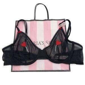 Victoria’s Secret Tease Black Sheer Mesh Heart Embroidery Unlined Demi Bra‎ 36B
